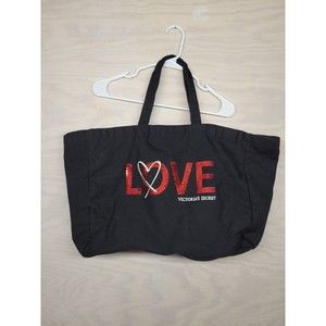 Victoria's Secret Canvas Tote Bag Black Sequin Large 17 X 13 Gym Bag Travel